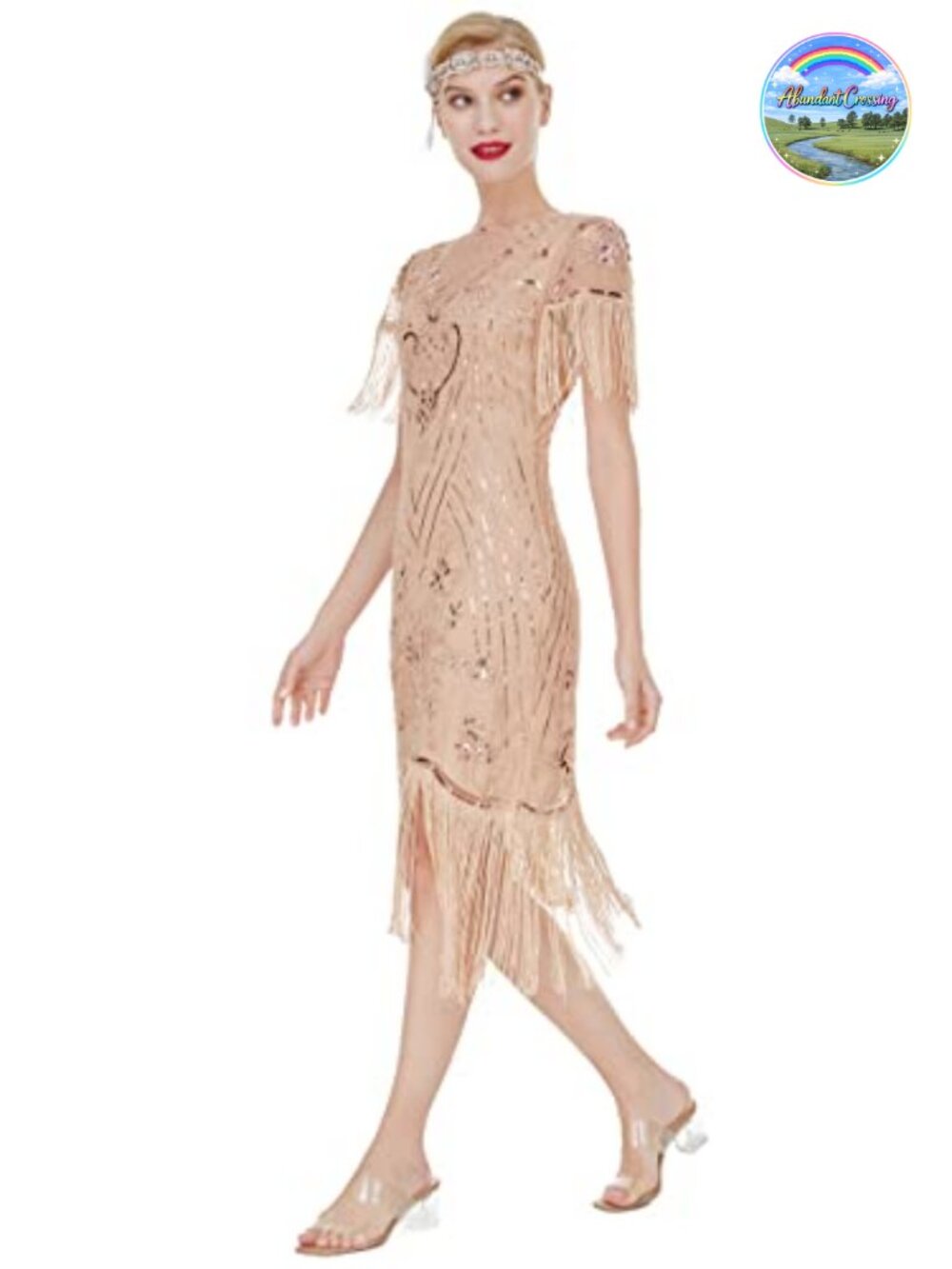 1920s Flapper Dress Sequin Beaded Lace Neck Gatsby Party Midi